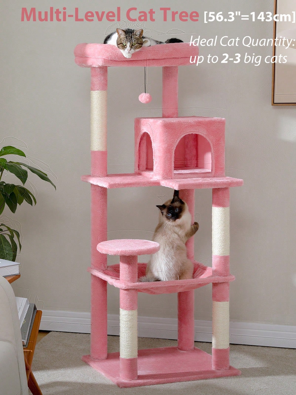 Red 56.3-inch tall multi-level cat tree tower for indoor cats featuring a cozy plush top perch, spacious cat condo, large hanging hammock, and natural sisal scratching posts.