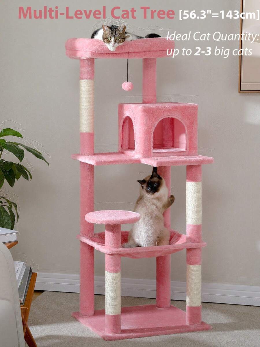 Red 56.3-inch tall multi-level cat tree tower for indoor cats featuring a cozy plush top perch, spacious cat condo, large hanging hammock, and natural sisal scratching posts.