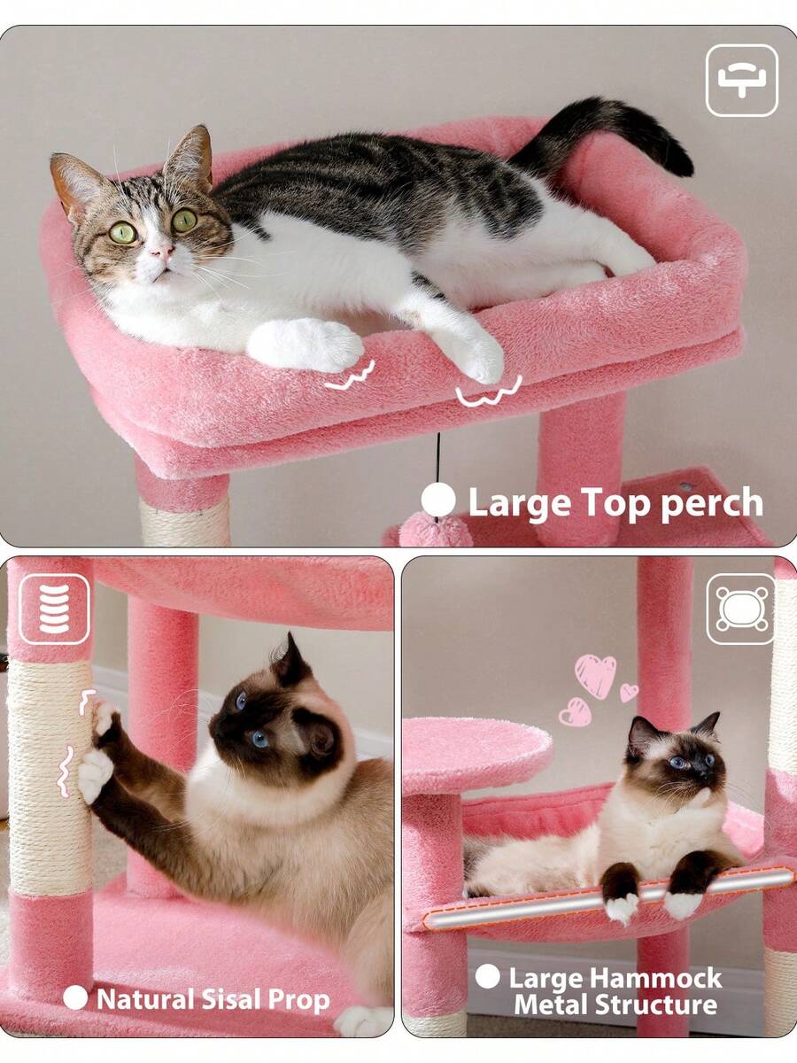 Red 56.3-inch tall multi-level cat tree tower for indoor cats featuring a cozy plush top perch, spacious cat condo, large hanging hammock, and natural sisal scratching posts.