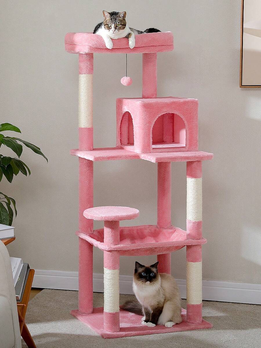 Red 56.3-inch tall multi-level cat tree tower for indoor cats featuring a cozy plush top perch, spacious cat condo, large hanging hammock, and natural sisal scratching posts.