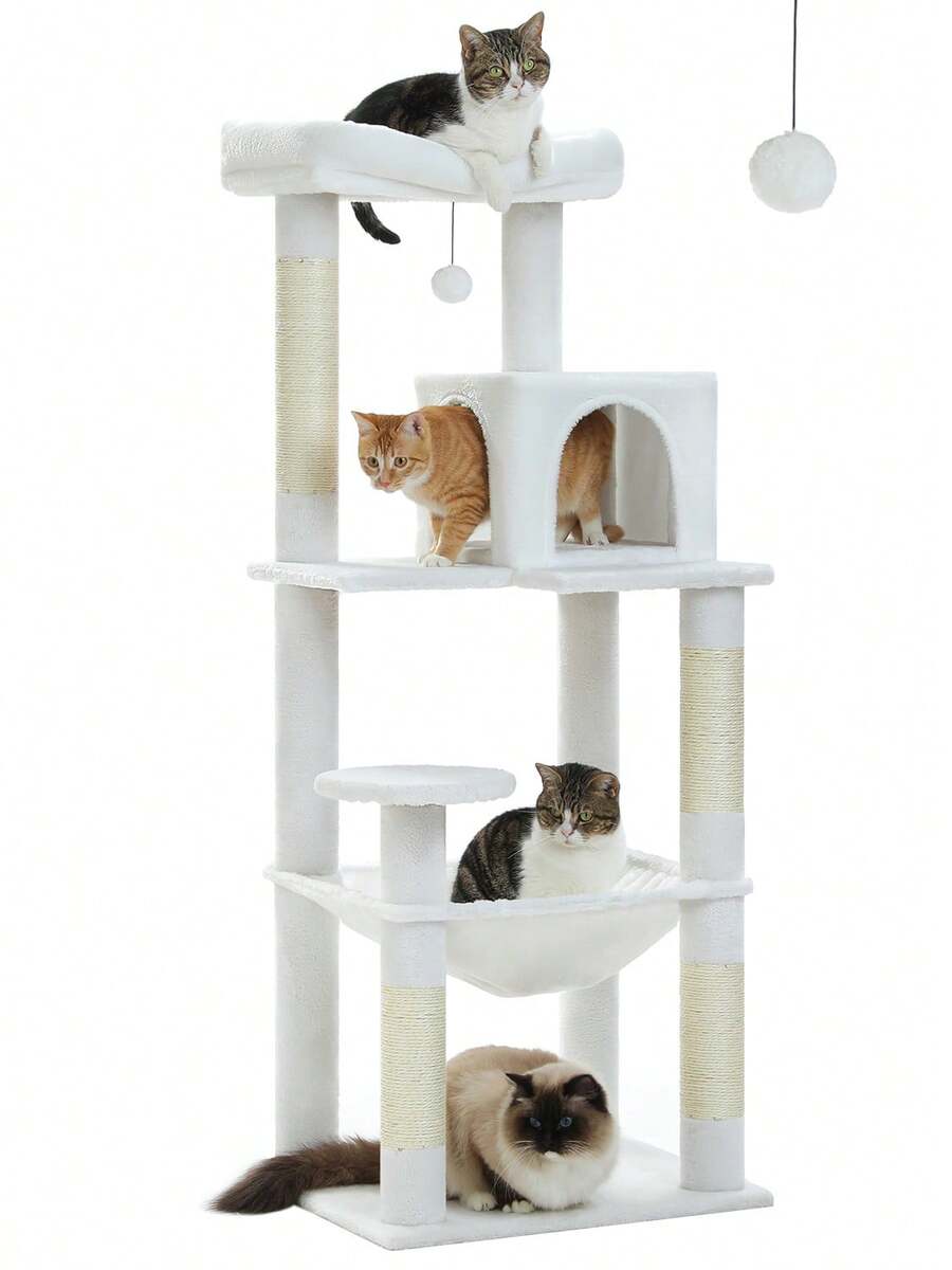 Red 56.3-inch tall multi-level cat tree tower for indoor cats featuring a cozy plush top perch, spacious cat condo, large hanging hammock, and natural sisal scratching posts.