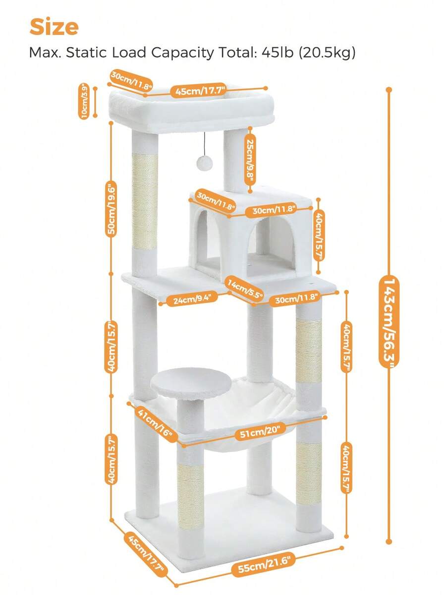 Red 56.3-inch tall multi-level cat tree tower for indoor cats featuring a cozy plush top perch, spacious cat condo, large hanging hammock, and natural sisal scratching posts.