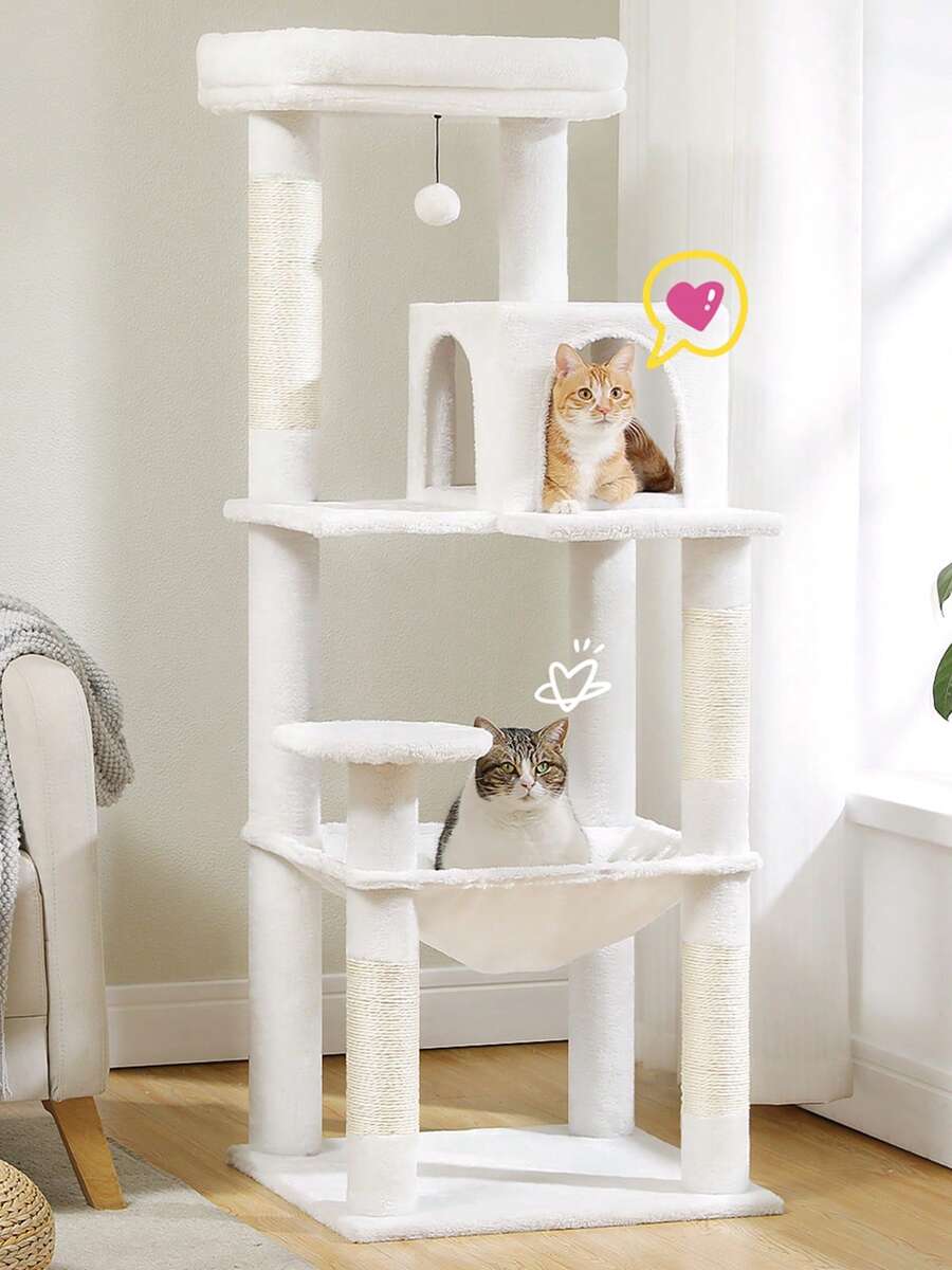 Red 56.3-inch tall multi-level cat tree tower for indoor cats featuring a cozy plush top perch, spacious cat condo, large hanging hammock, and natural sisal scratching posts.