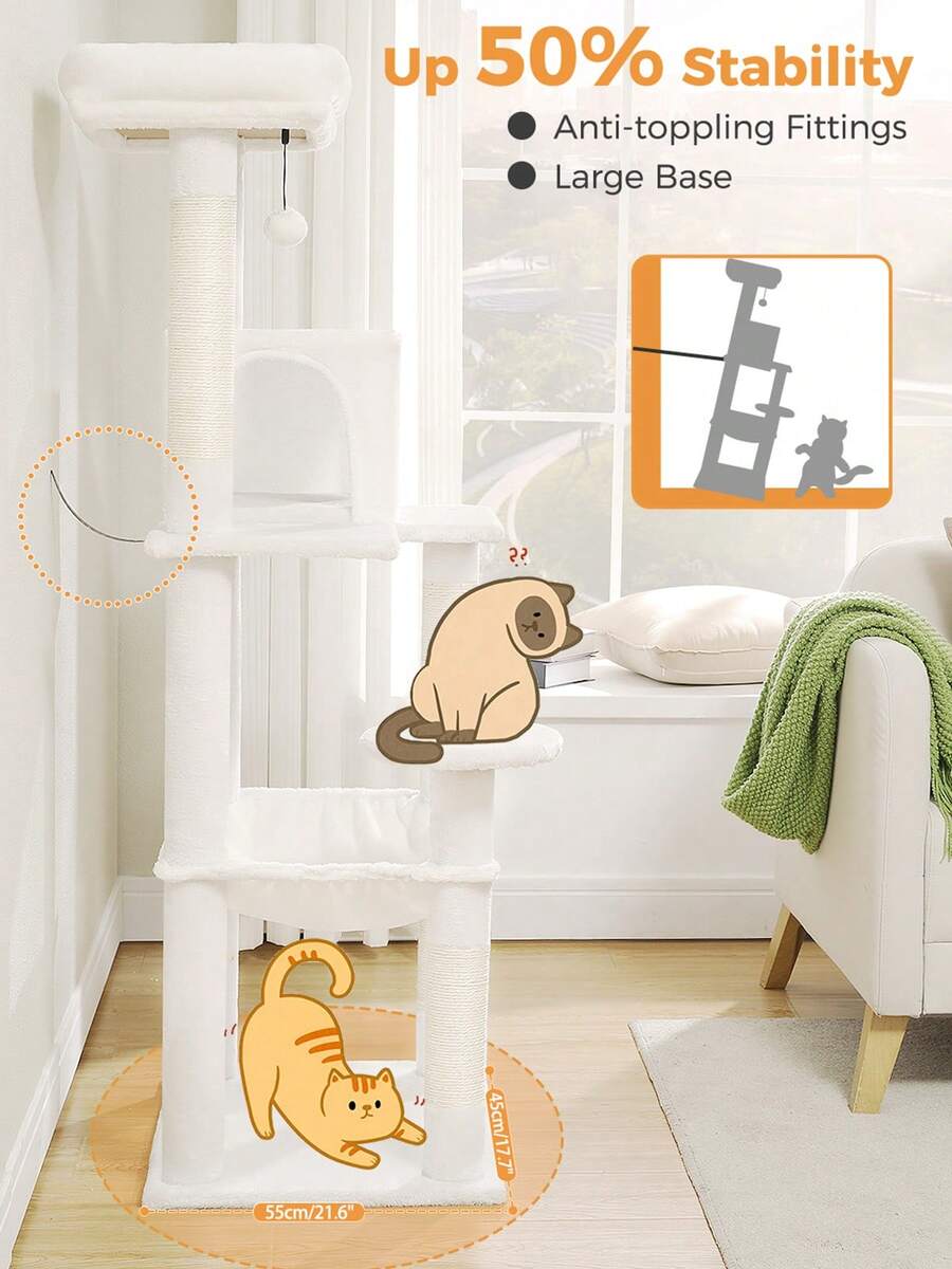 Red 56.3-inch tall multi-level cat tree tower for indoor cats featuring a cozy plush top perch, spacious cat condo, large hanging hammock, and natural sisal scratching posts.