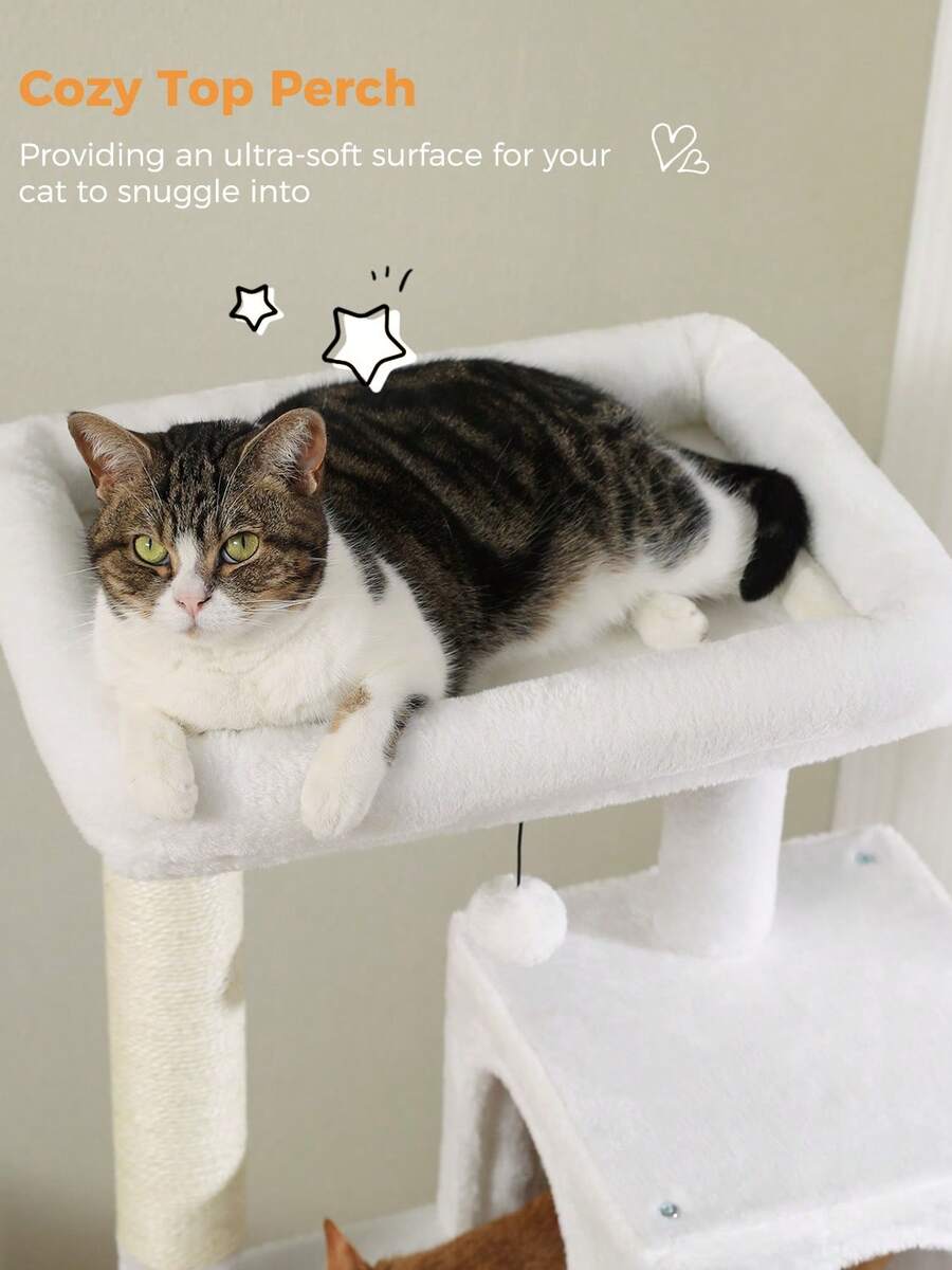 Red 56.3-inch tall multi-level cat tree tower for indoor cats featuring a cozy plush top perch, spacious cat condo, large hanging hammock, and natural sisal scratching posts.