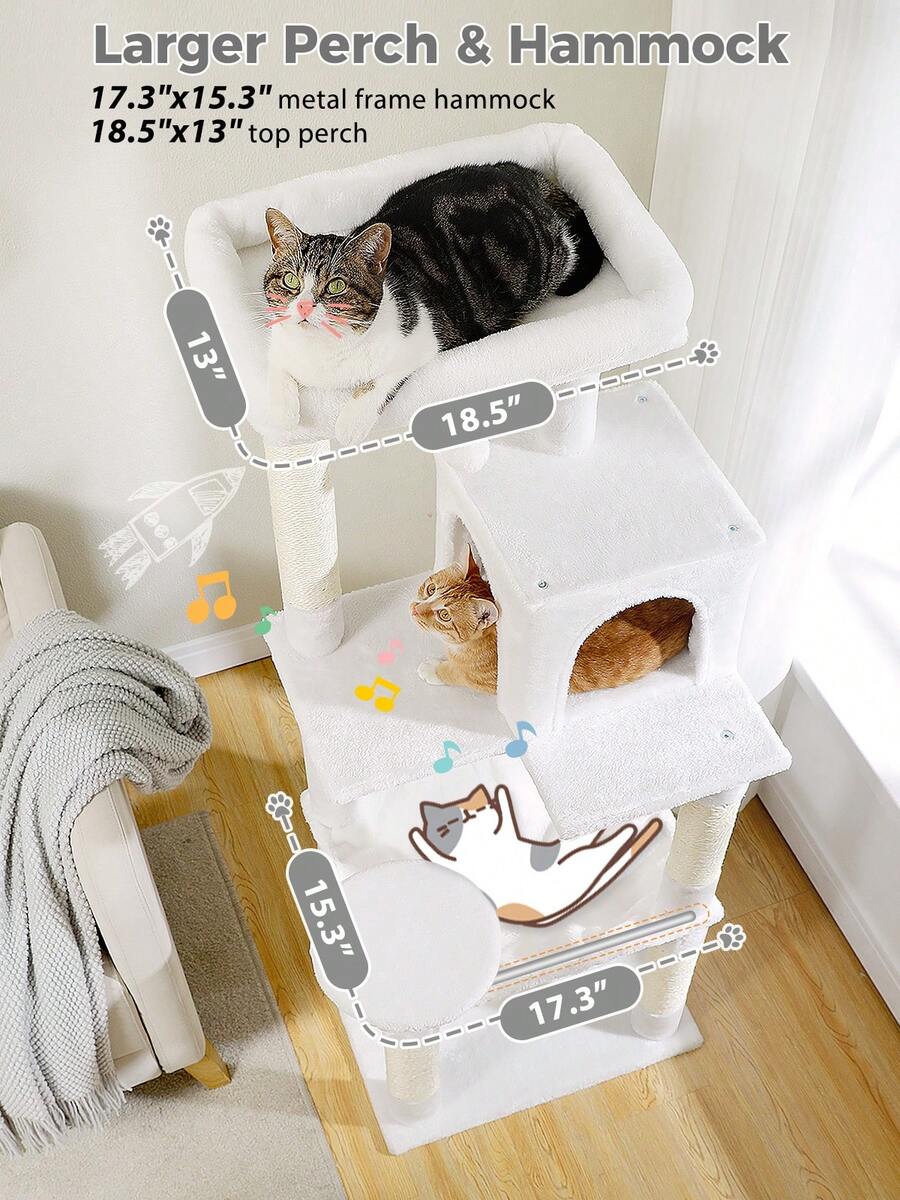 Red 56.3-inch tall multi-level cat tree tower for indoor cats featuring a cozy plush top perch, spacious cat condo, large hanging hammock, and natural sisal scratching posts.