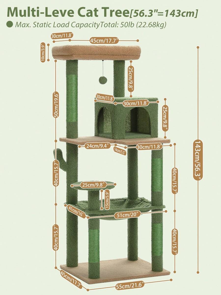 Red 56.3-inch tall multi-level cat tree tower for indoor cats featuring a cozy plush top perch, spacious cat condo, large hanging hammock, and natural sisal scratching posts.