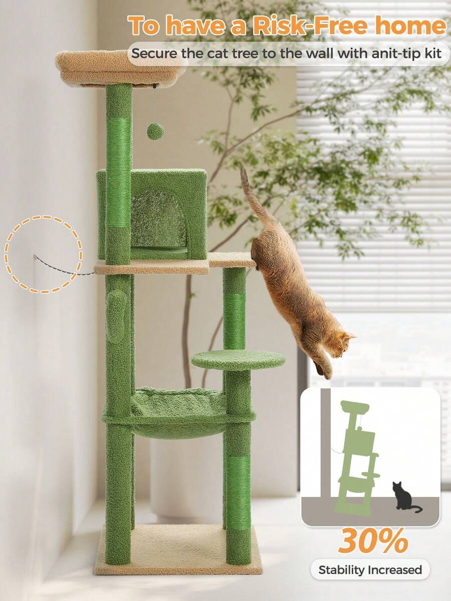 Red 56.3-inch tall multi-level cat tree tower for indoor cats featuring a cozy plush top perch, spacious cat condo, large hanging hammock, and natural sisal scratching posts.