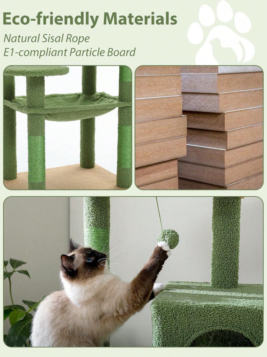 Red 56.3-inch tall multi-level cat tree tower for indoor cats featuring a cozy plush top perch, spacious cat condo, large hanging hammock, and natural sisal scratching posts.