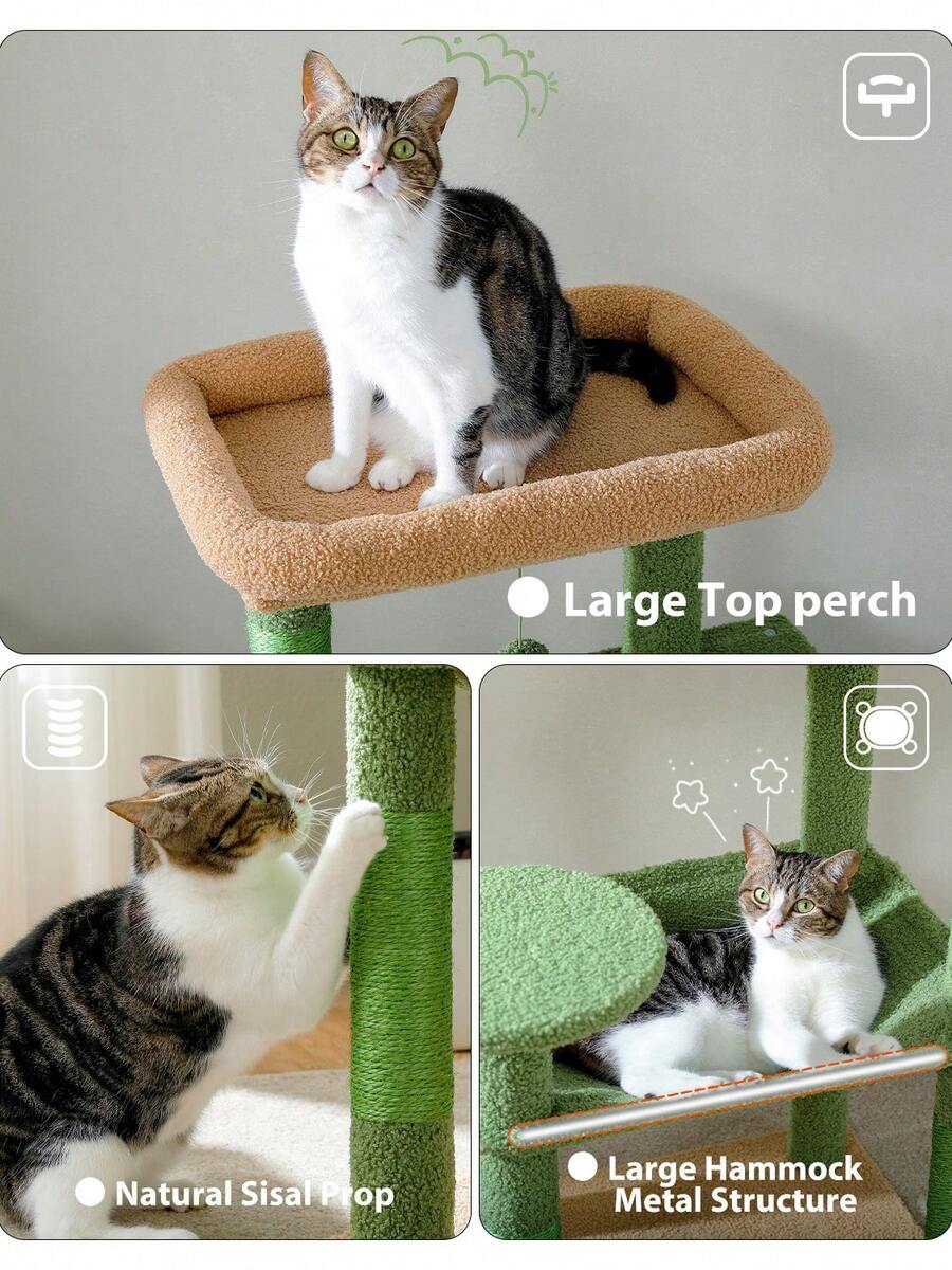 Red 56.3-inch tall multi-level cat tree tower for indoor cats featuring a cozy plush top perch, spacious cat condo, large hanging hammock, and natural sisal scratching posts.