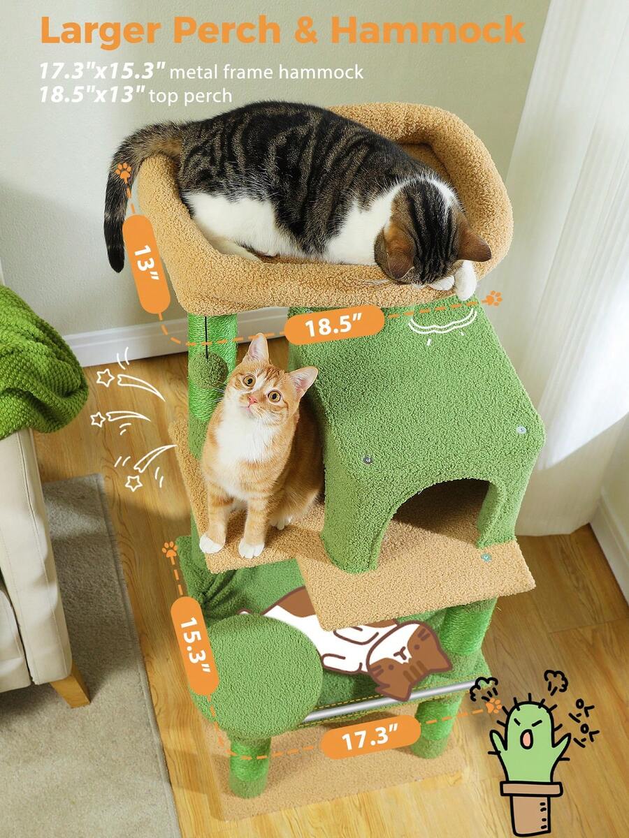 Red 56.3-inch tall multi-level cat tree tower for indoor cats featuring a cozy plush top perch, spacious cat condo, large hanging hammock, and natural sisal scratching posts.