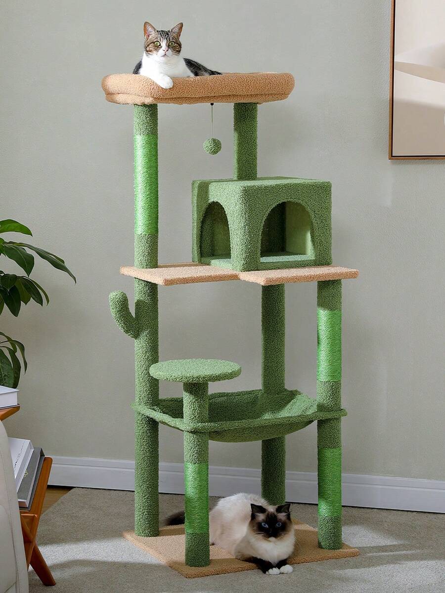 Red 56.3-inch tall multi-level cat tree tower for indoor cats featuring a cozy plush top perch, spacious cat condo, large hanging hammock, and natural sisal scratching posts.
