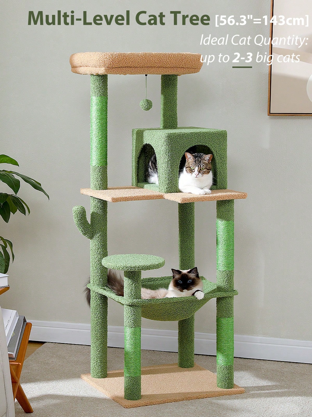 Red 56.3-inch tall multi-level cat tree tower for indoor cats featuring a cozy plush top perch, spacious cat condo, large hanging hammock, and natural sisal scratching posts.