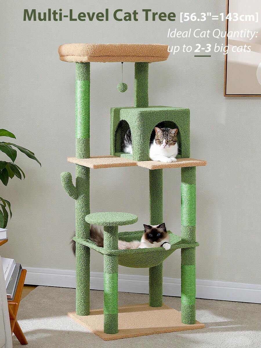 Red 56.3-inch tall multi-level cat tree tower for indoor cats featuring a cozy plush top perch, spacious cat condo, large hanging hammock, and natural sisal scratching posts.