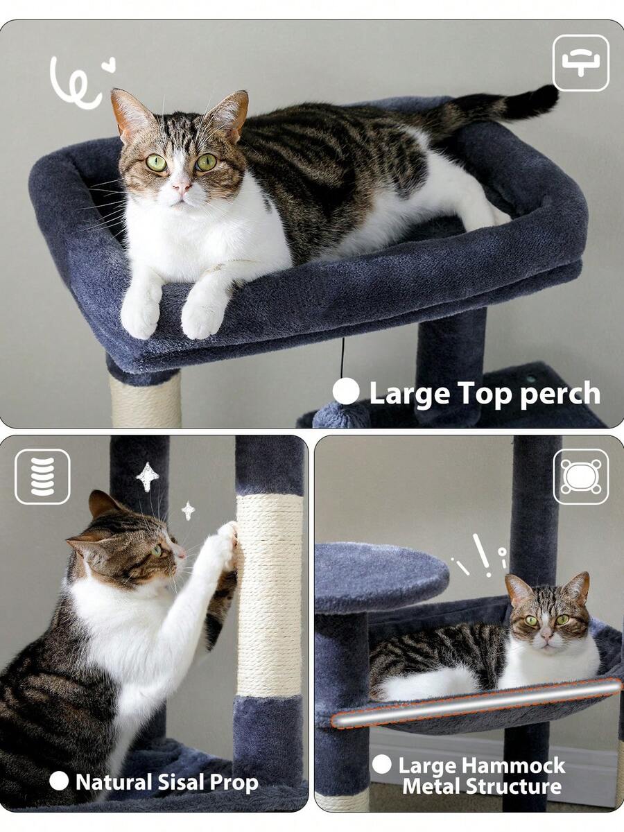 Red 56.3-inch tall multi-level cat tree tower for indoor cats featuring a cozy plush top perch, spacious cat condo, large hanging hammock, and natural sisal scratching posts.