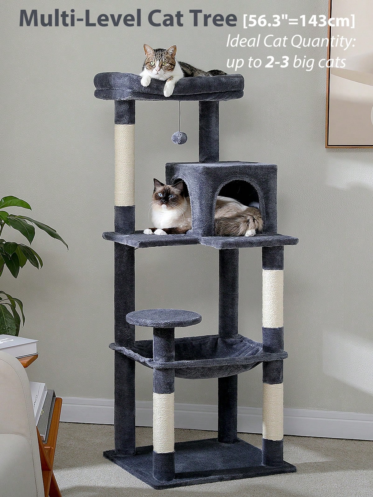 Red 56.3-inch tall multi-level cat tree tower for indoor cats featuring a cozy plush top perch, spacious cat condo, large hanging hammock, and natural sisal scratching posts.