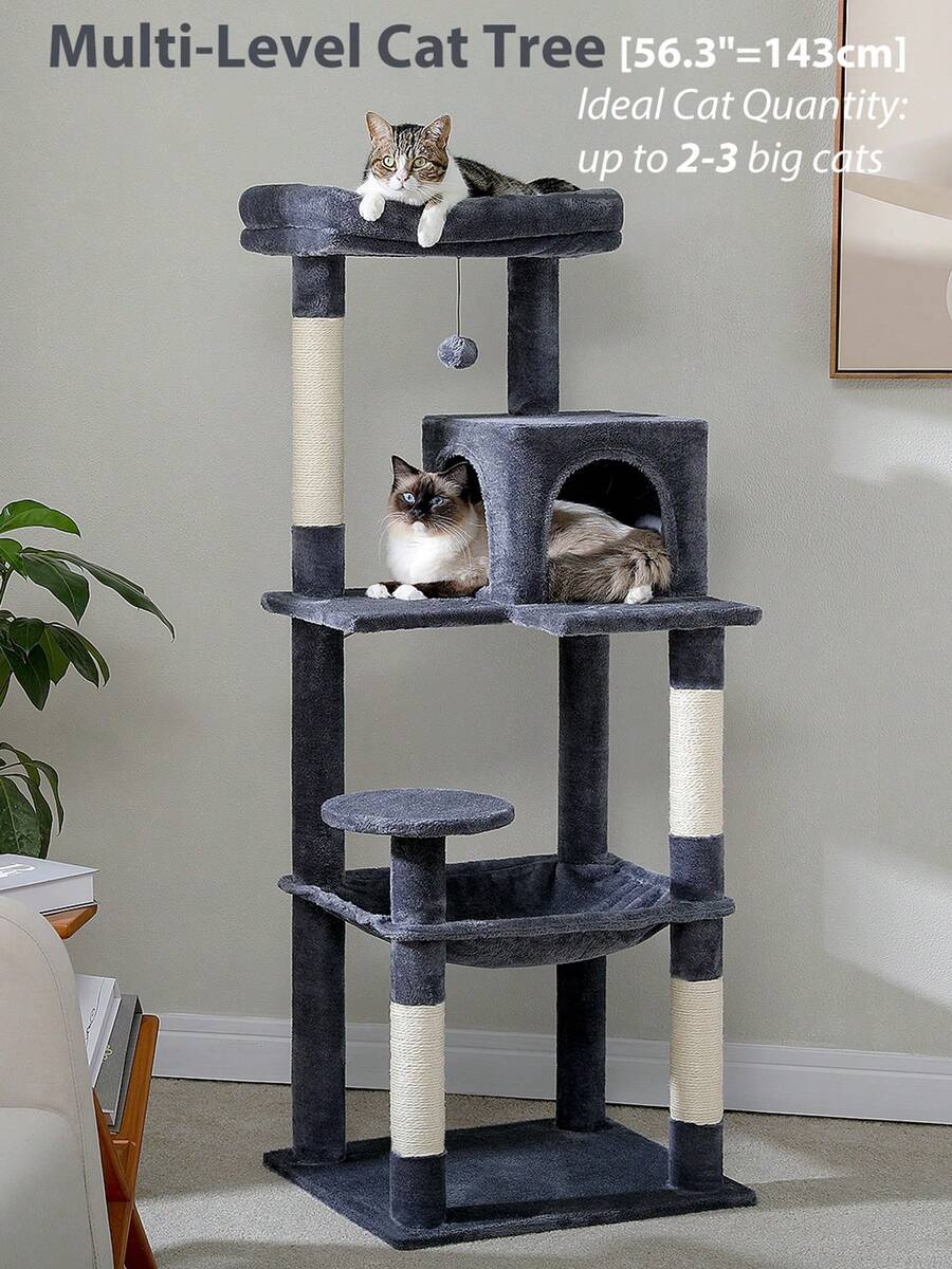 Red 56.3-inch tall multi-level cat tree tower for indoor cats featuring a cozy plush top perch, spacious cat condo, large hanging hammock, and natural sisal scratching posts.