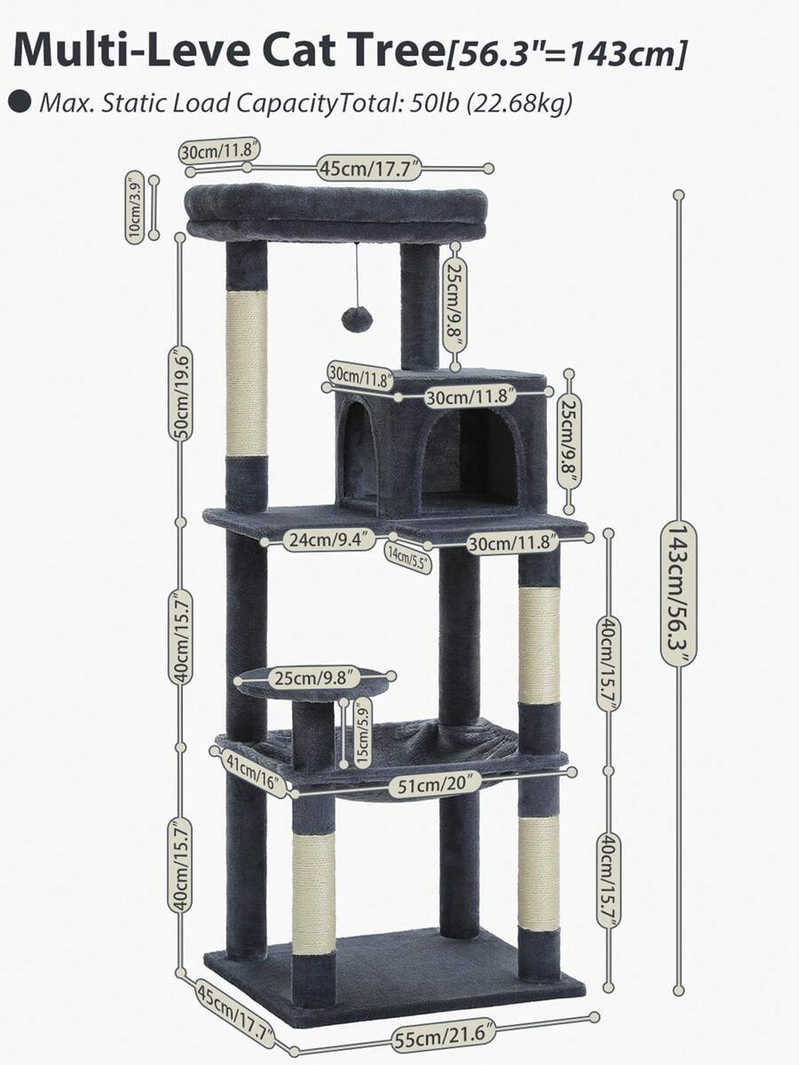Red 56.3-inch tall multi-level cat tree tower for indoor cats featuring a cozy plush top perch, spacious cat condo, large hanging hammock, and natural sisal scratching posts.
