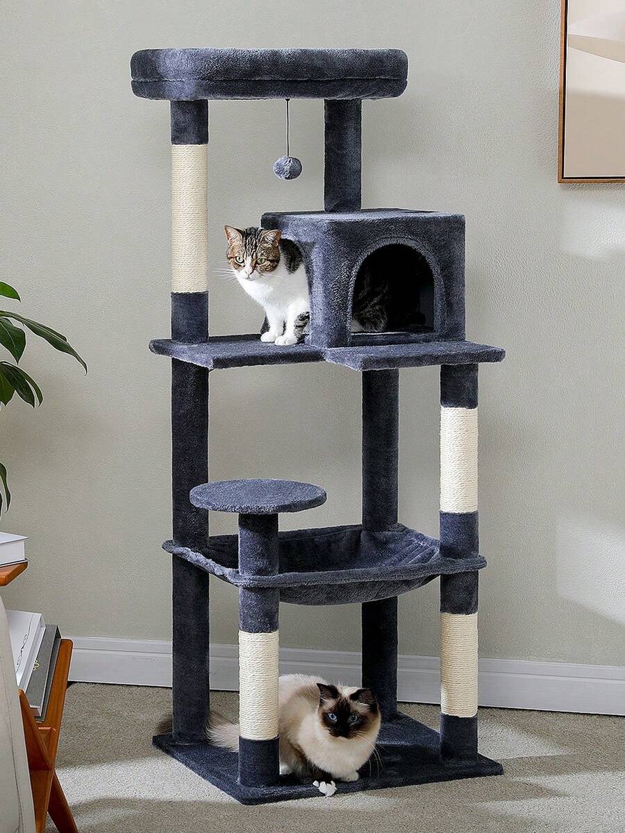 Red 56.3-inch tall multi-level cat tree tower for indoor cats featuring a cozy plush top perch, spacious cat condo, large hanging hammock, and natural sisal scratching posts.