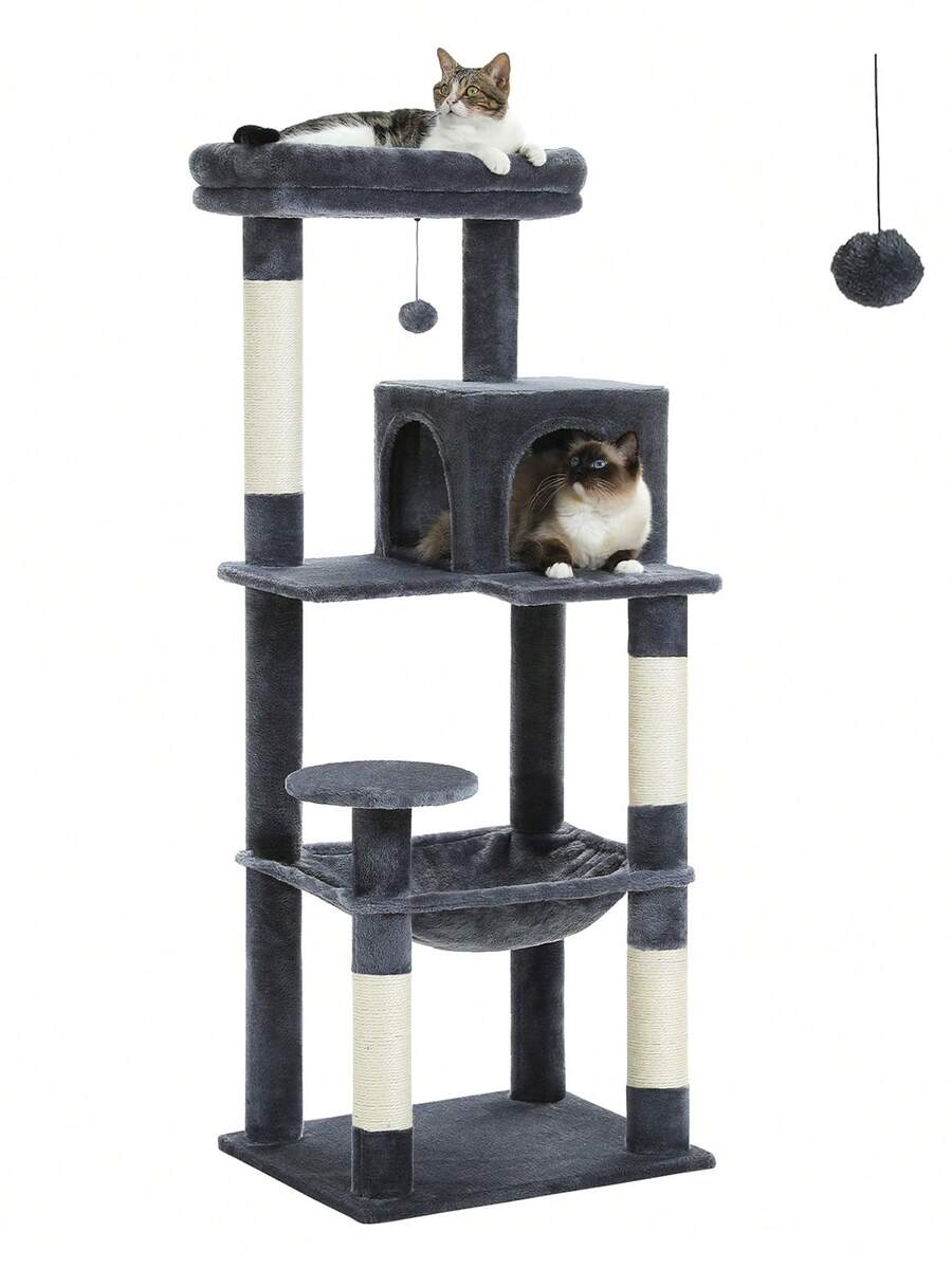 Red 56.3-inch tall multi-level cat tree tower for indoor cats featuring a cozy plush top perch, spacious cat condo, large hanging hammock, and natural sisal scratching posts.