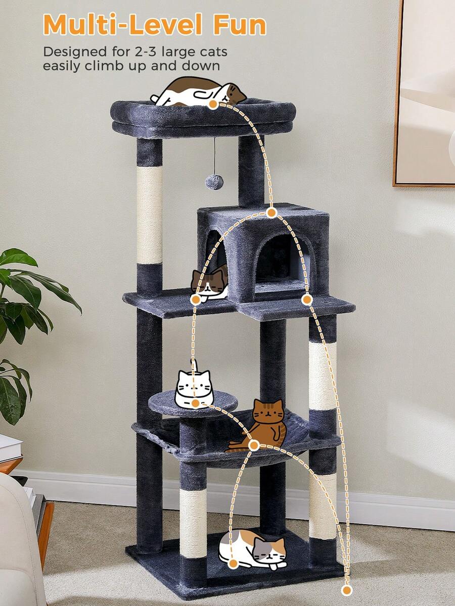 Red 56.3-inch tall multi-level cat tree tower for indoor cats featuring a cozy plush top perch, spacious cat condo, large hanging hammock, and natural sisal scratching posts.