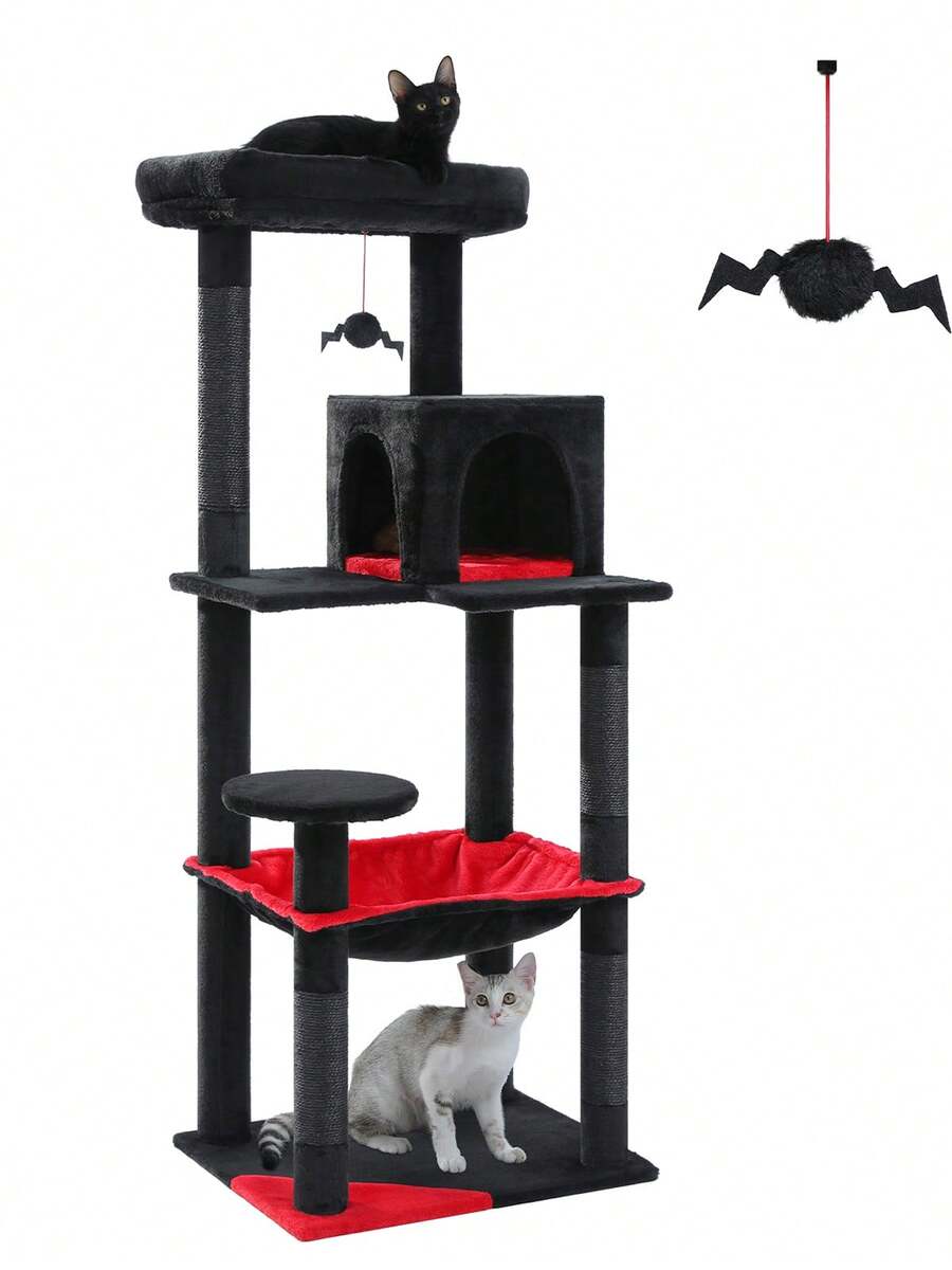 Red 56.3-inch tall multi-level cat tree tower for indoor cats featuring a cozy plush top perch, spacious cat condo, large hanging hammock, and natural sisal scratching posts.