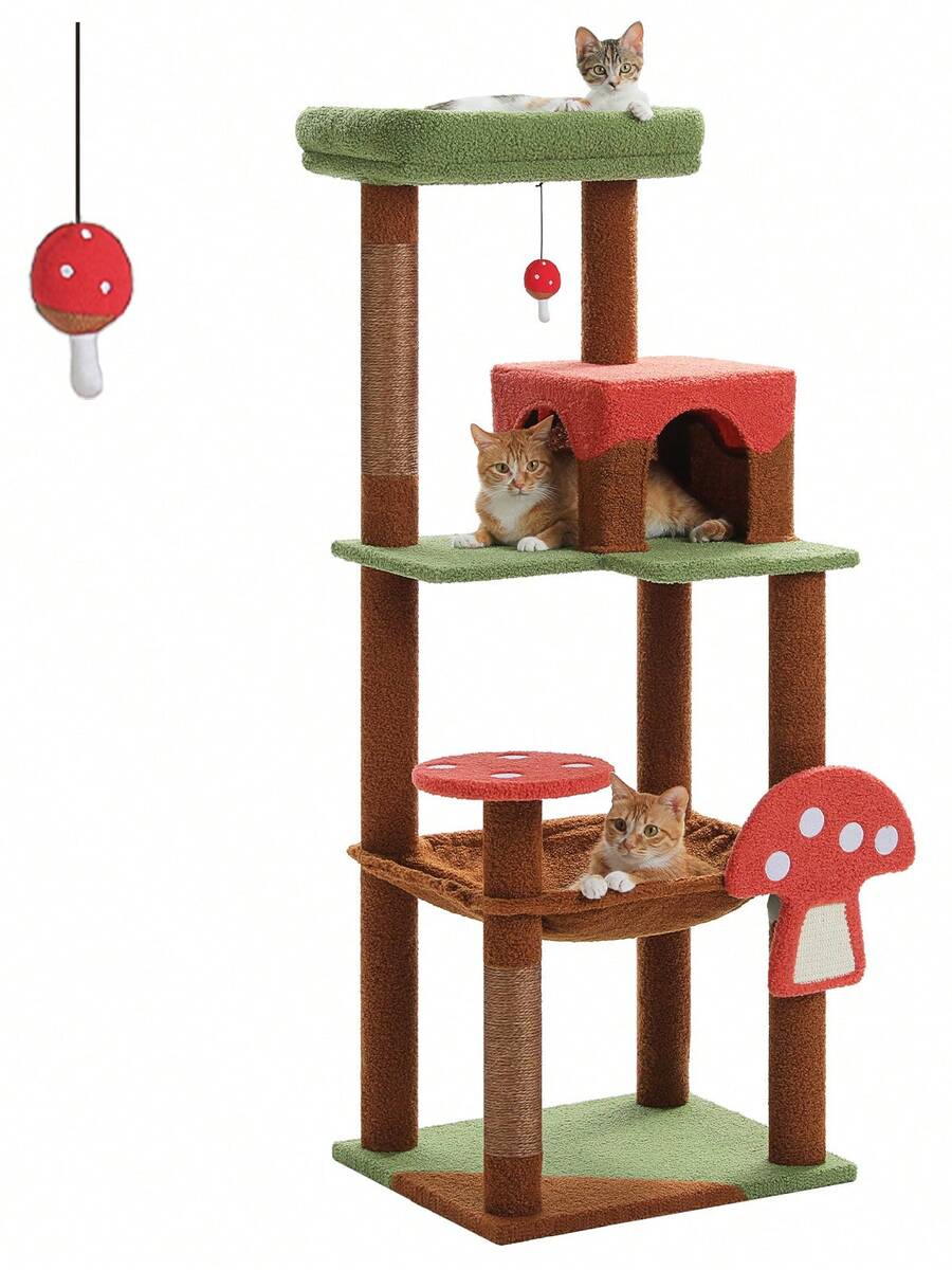 Red 56.3-inch tall multi-level cat tree tower for indoor cats featuring a cozy plush top perch, spacious cat condo, large hanging hammock, and natural sisal scratching posts.