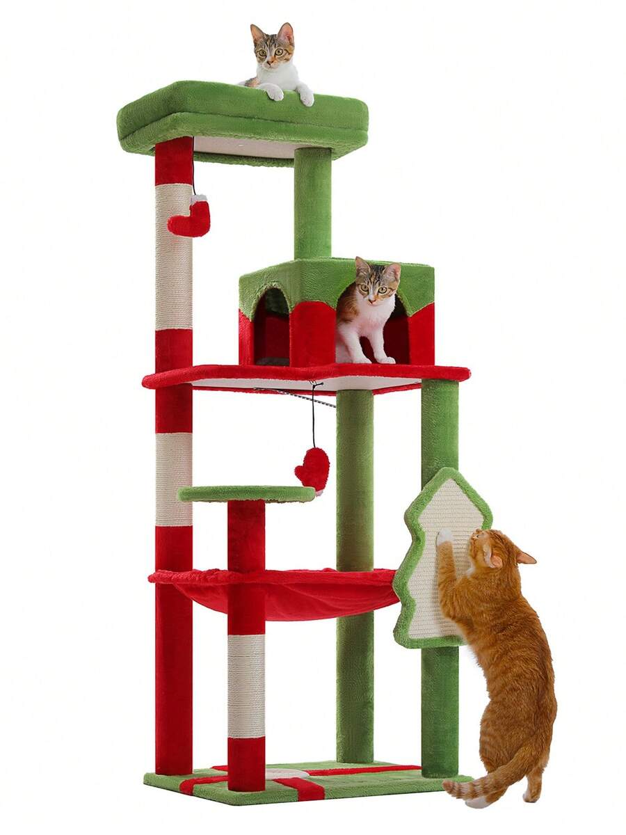 Red 56.3-inch tall multi-level cat tree tower for indoor cats featuring a cozy plush top perch, spacious cat condo, large hanging hammock, and natural sisal scratching posts.