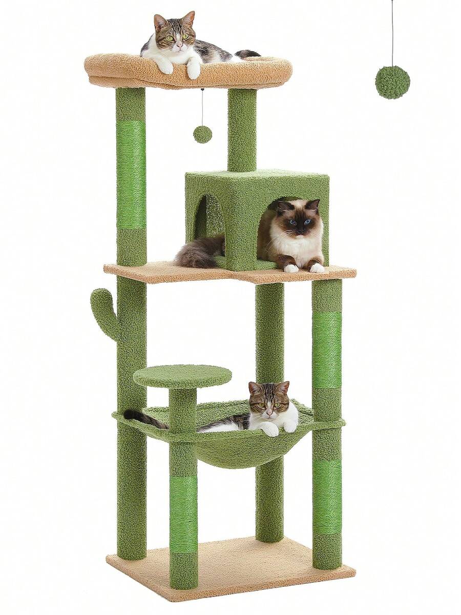Red 56.3-inch tall multi-level cat tree tower for indoor cats featuring a cozy plush top perch, spacious cat condo, large hanging hammock, and natural sisal scratching posts.