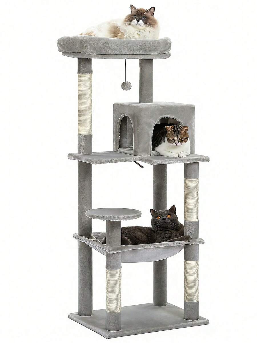 Red 56.3-inch tall multi-level cat tree tower for indoor cats featuring a cozy plush top perch, spacious cat condo, large hanging hammock, and natural sisal scratching posts.
