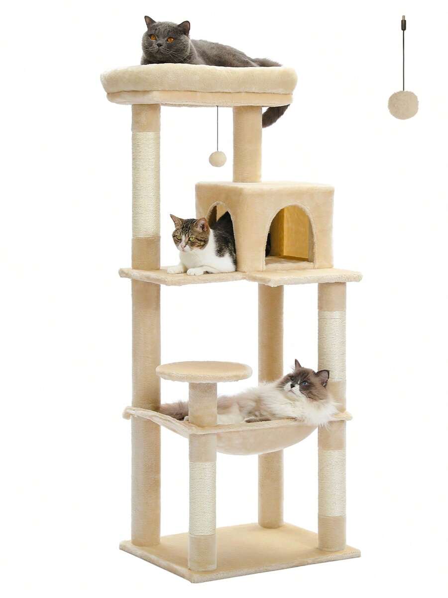 Red 56.3-inch tall multi-level cat tree tower for indoor cats featuring a cozy plush top perch, spacious cat condo, large hanging hammock, and natural sisal scratching posts.