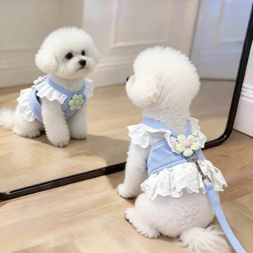Multicolor floral lace pet harness dress with leash, ruffle edge princess vest outfit for small dogs and cats