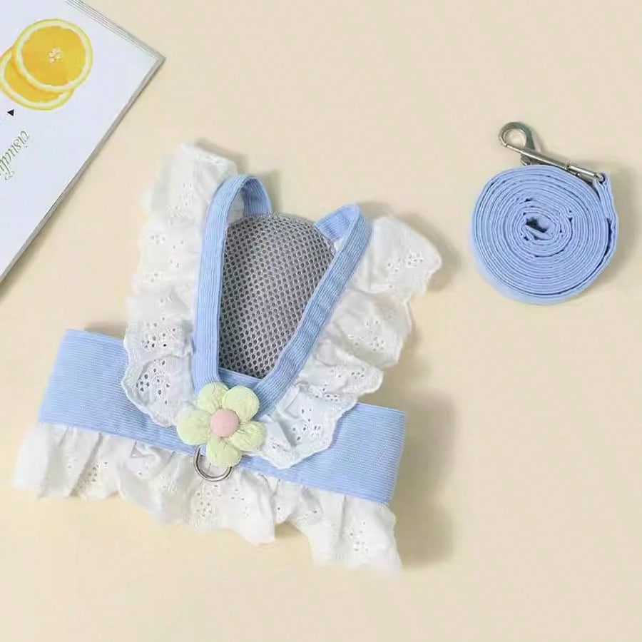 Multicolor floral lace pet harness dress with leash, ruffle edge princess vest outfit for small dogs and cats