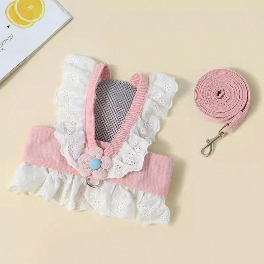 Multicolor floral lace pet harness dress with leash, ruffle edge princess vest outfit for small dogs and cats