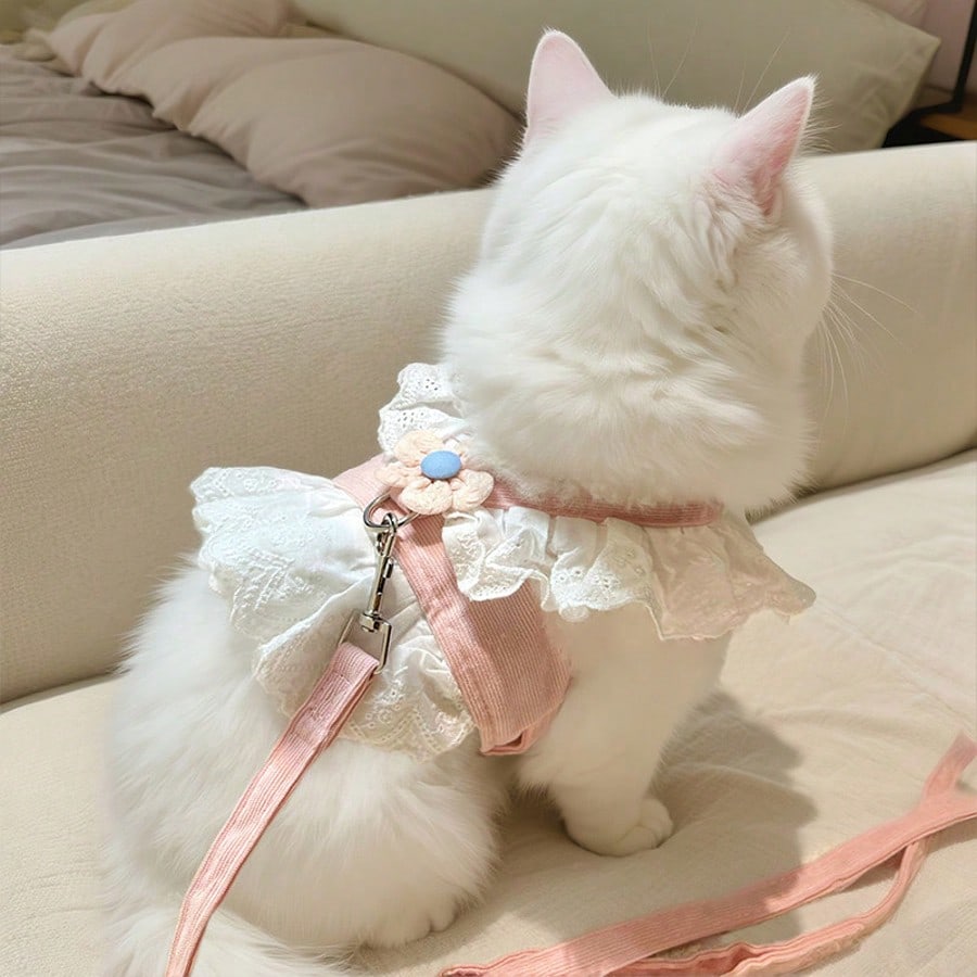 Multicolor floral lace pet harness dress with leash, ruffle edge princess vest outfit for small dogs and cats