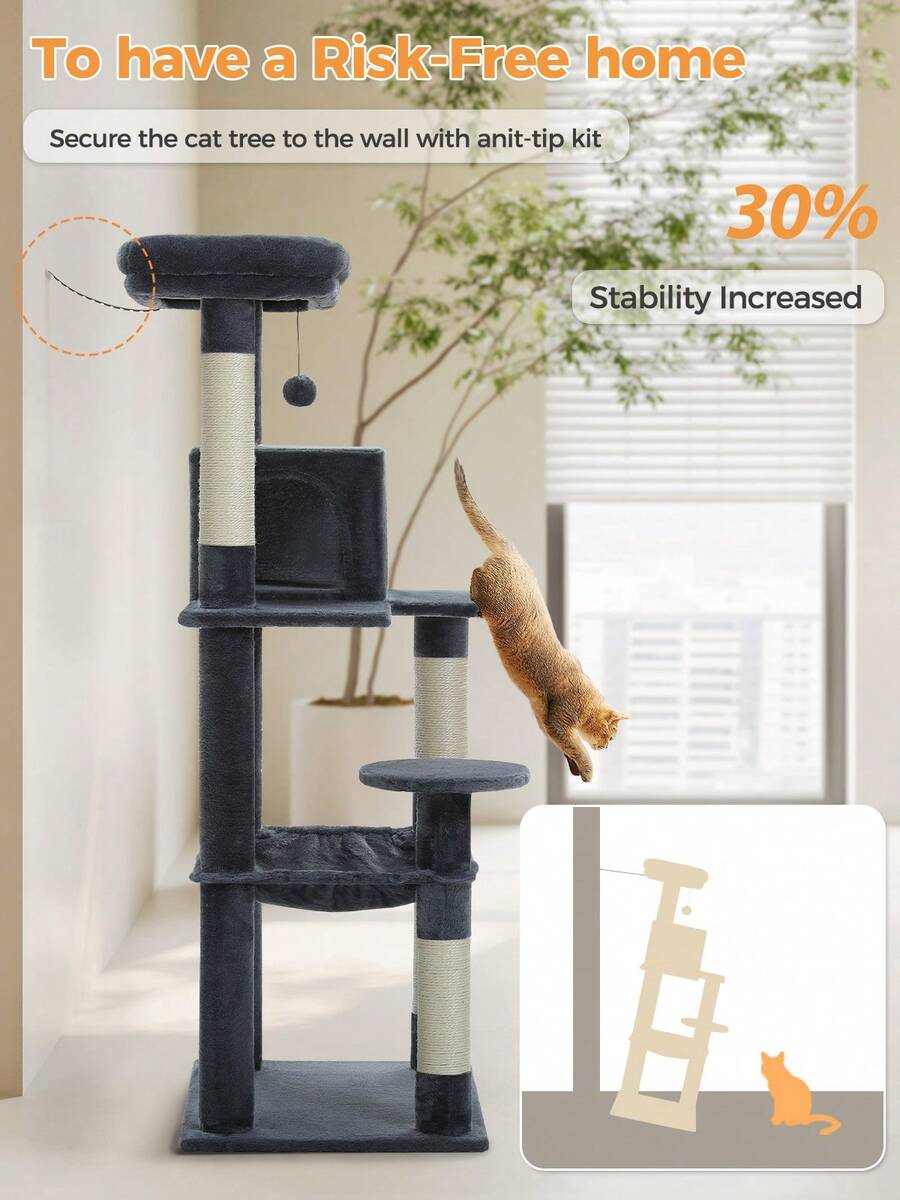 Red 56.3-inch tall multi-level cat tree tower for indoor cats featuring a cozy plush top perch, spacious cat condo, large hanging hammock, and natural sisal scratching posts.