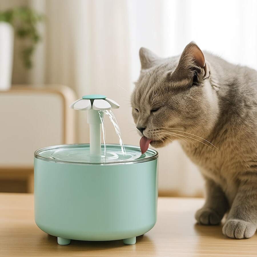 Automatic cat water fountain with 1500ml capacity, floral design, circulation filter, and USB power connection for cats and small dogs.
