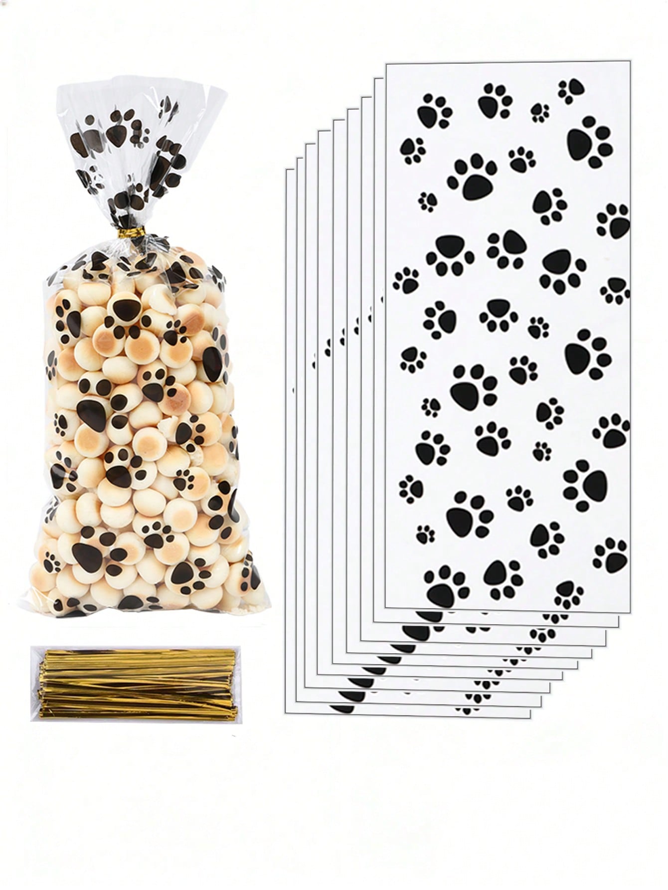 50pcs Plastic Paw Print Gift Bags With Twist Tie, Pet Treats Candy Bags, Portable Pet Bags, Puppy Paw Print Pattern Gift Packaging Bags, Pet Decoration, Baby Shower Party Decoration, Gender Reveal Party Decoration, Puppy Birthday Party Decoration, Dog Paw