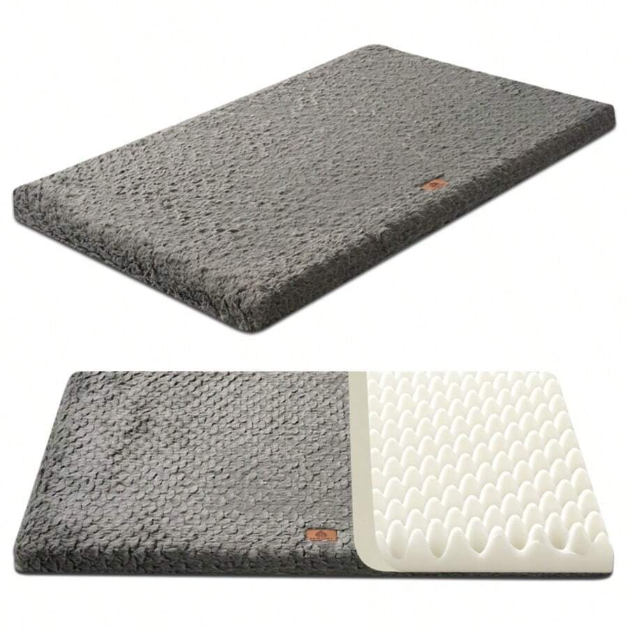 Grey washable dog bed mat with plush embossed fabric surface, egg-shaped polyurethane foam filling, and non-slip moisture-proof Oxford cloth bottom for dogs and cats.