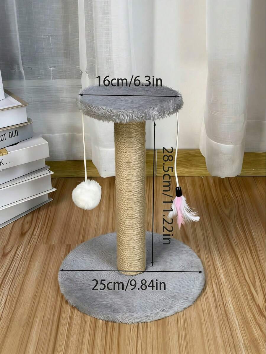 Brown mini sisal cat scratching post and kitten climbing tower with interactive plush ball and feather toys.