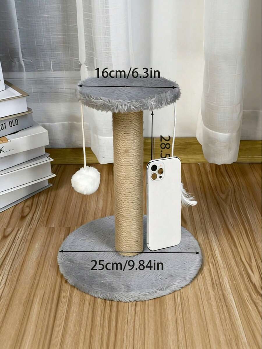 Brown mini sisal cat scratching post and kitten climbing tower with interactive plush ball and feather toys.