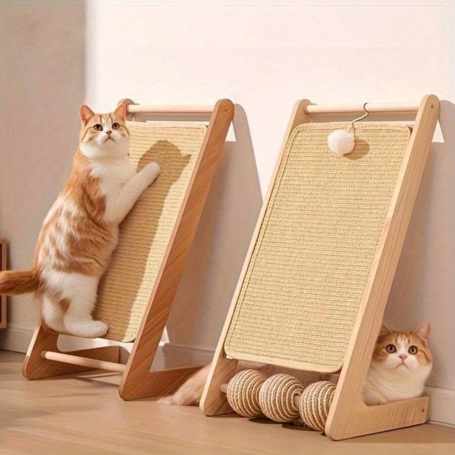 Vertical woven cat scratching post featuring a non-slip base and beige woven pattern, made from durable sisal material.