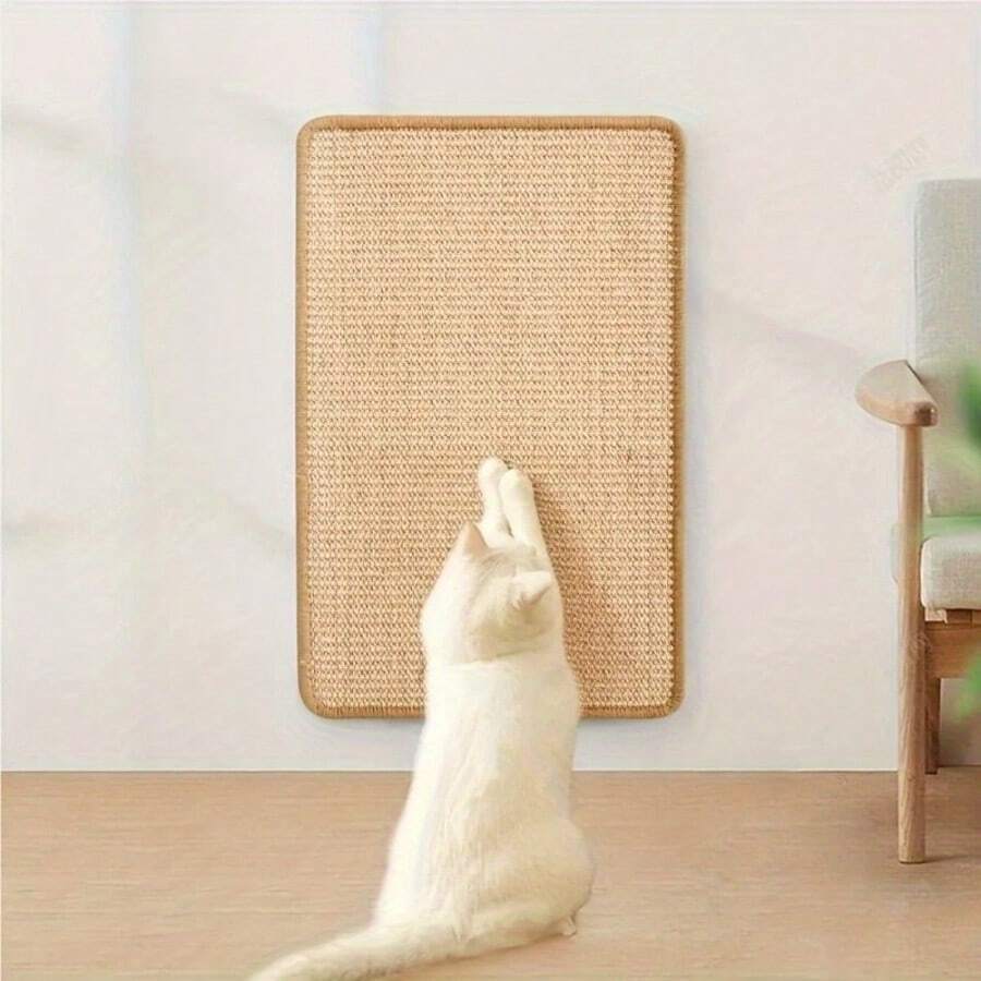 Vertical woven cat scratching post featuring a non-slip base and beige woven pattern, made from durable sisal material.