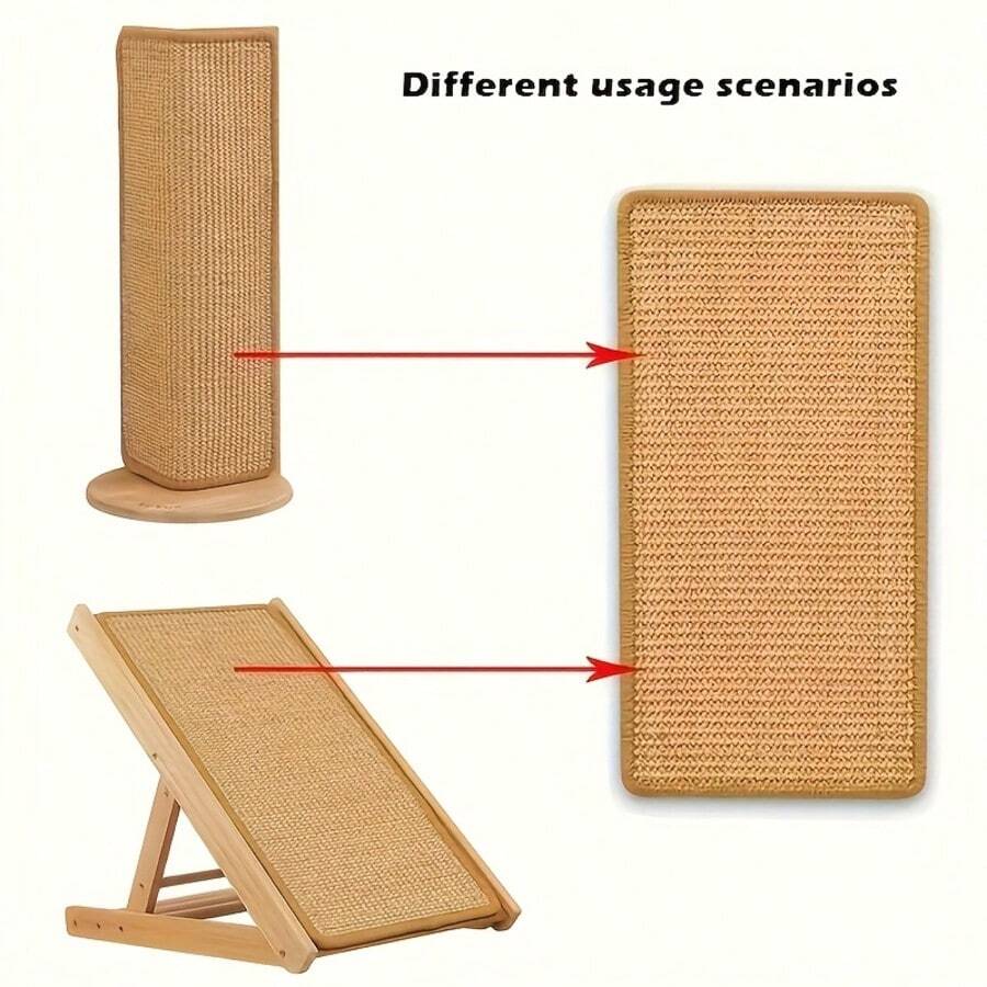 Vertical woven cat scratching post featuring a non-slip base and beige woven pattern, made from durable sisal material.