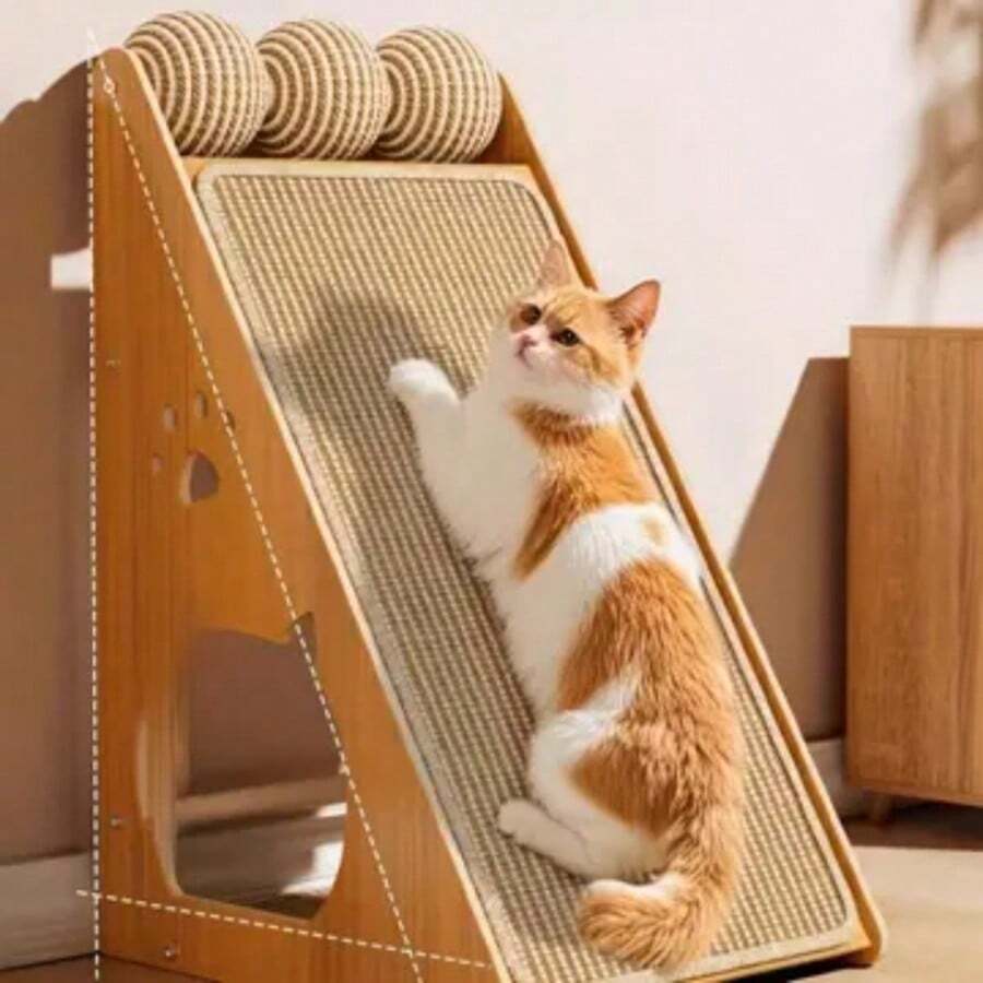 Vertical woven cat scratching post featuring a non-slip base and beige woven pattern, made from durable sisal material.