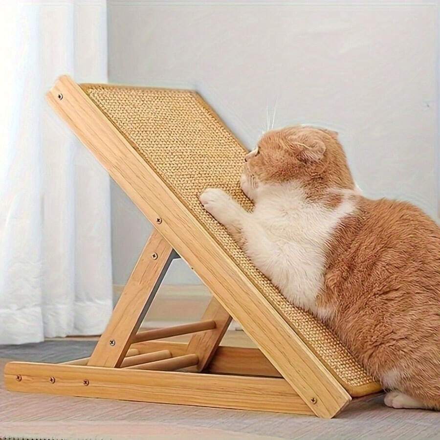 Vertical woven cat scratching post featuring a non-slip base and beige woven pattern, made from durable sisal material.