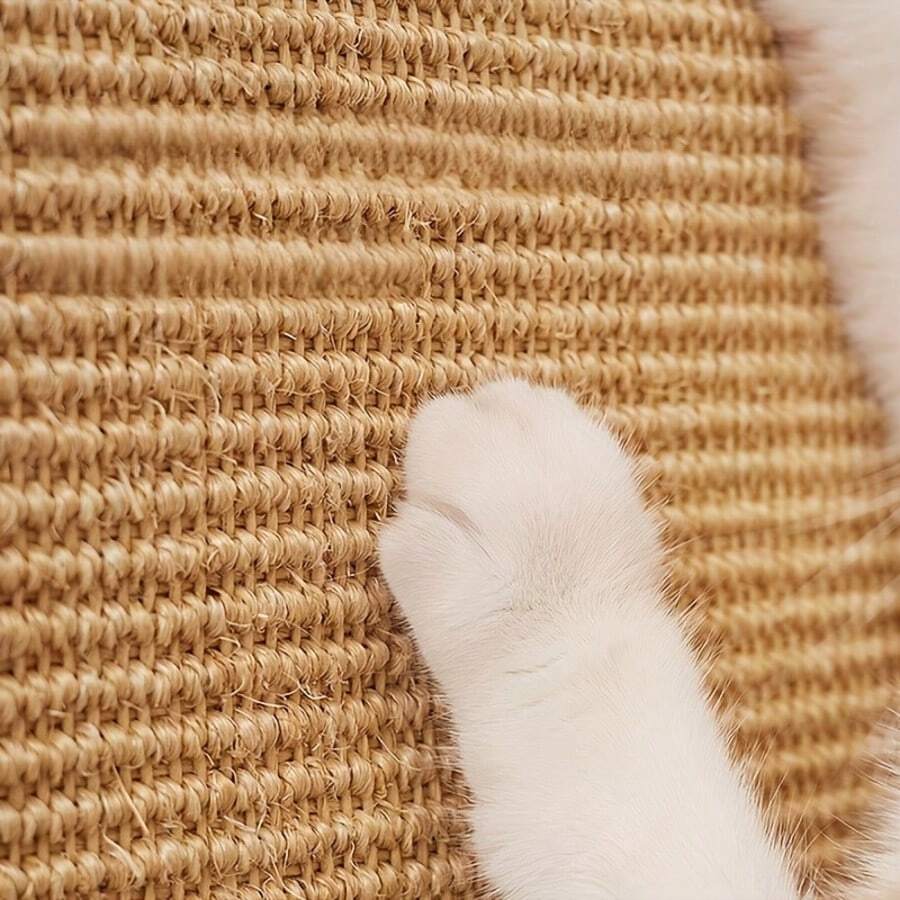 Vertical woven cat scratching post featuring a non-slip base and beige woven pattern, made from durable sisal material.