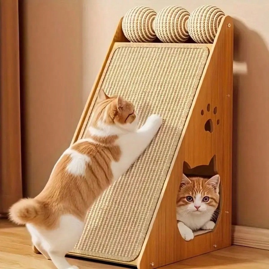 Vertical woven cat scratching post featuring a non-slip base and beige woven pattern, made from durable sisal material.