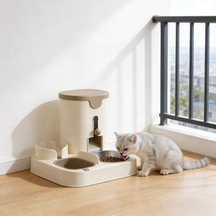 A 3.6L 2-in-1 pet feeder and water dispenser made of polyvinyl chloride for cats and dogs.