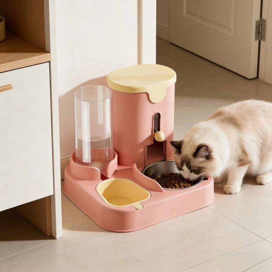 A 3.6L 2-in-1 pet feeder and water dispenser made of polyvinyl chloride for cats and dogs.
